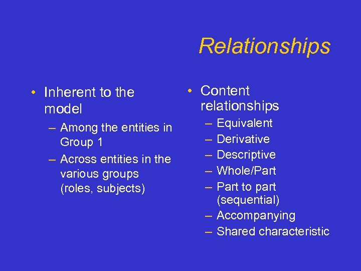 Relationships • Inherent to the model – Among the entities in Group 1 –