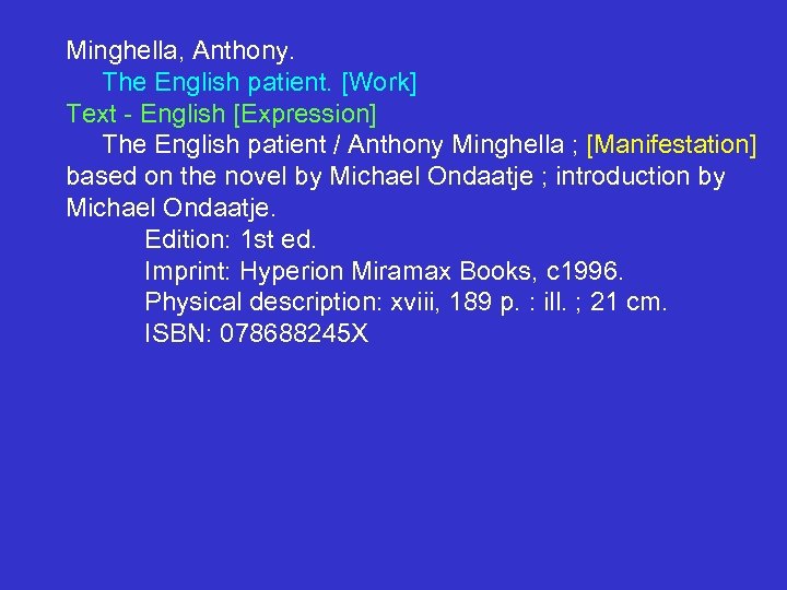 Minghella, Anthony. The English patient. [Work] Text - English [Expression] The English patient /