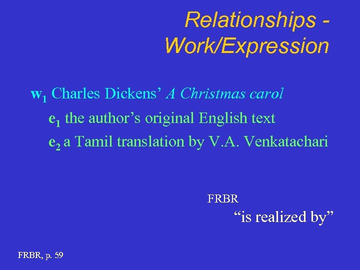 Relationships Work/Expression w 1 Charles Dickens’ A Christmas carol e 1 the author’s original