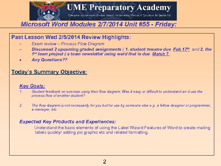 Microsoft Word Modules 2/7/2014 Unit #55 - Friday: Past Lesson Wed 2/5/2014 Review Highlights: