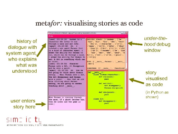 metafor: visualising stories as code history of dialogue with system agent, who explains what