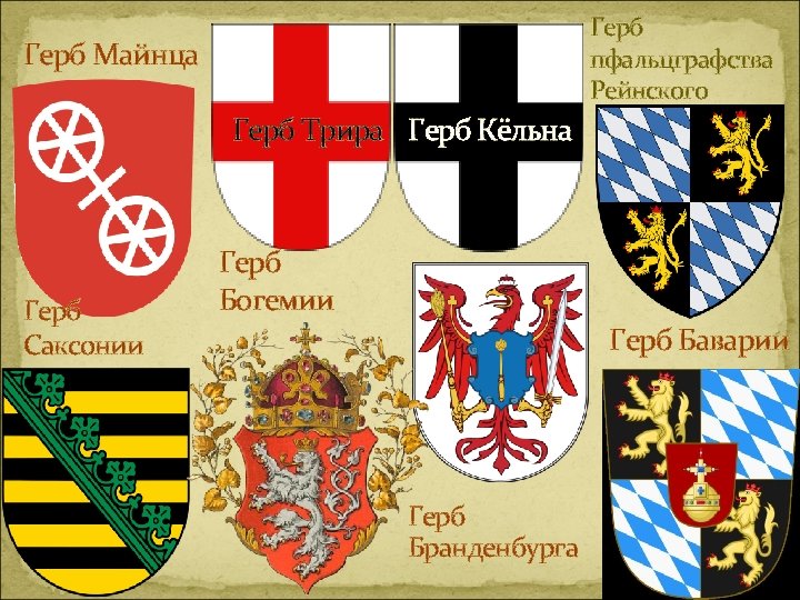 Герб пфальцграфства Рейнского Герб Майнца Герб Трира Герб Кёльна Герб Саксонии Герб Богемии Герб