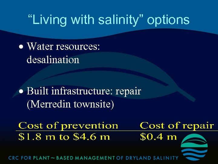 “Living with salinity” options · Water resources: desalination · Built infrastructure: repair (Merredin townsite)