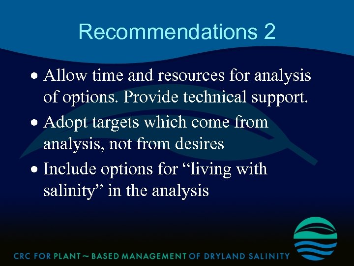 Recommendations 2 · Allow time and resources for analysis of options. Provide technical support.