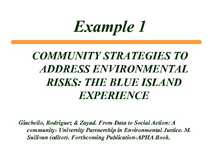 Example 1 COMMUNITY STRATEGIES TO ADDRESS ENVIRONMENTAL RISKS: THE BLUE ISLAND EXPERIENCE Giachello, Rodriguez