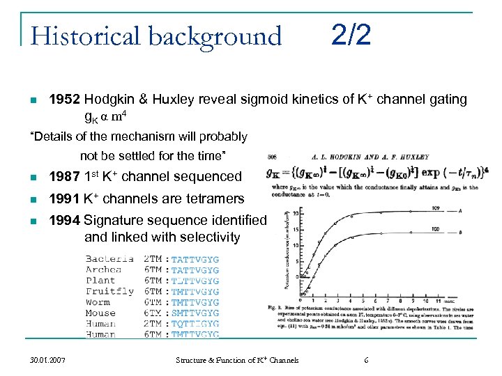 Historical background n 2/2 1952 Hodgkin & Huxley reveal sigmoid kinetics of K+ channel