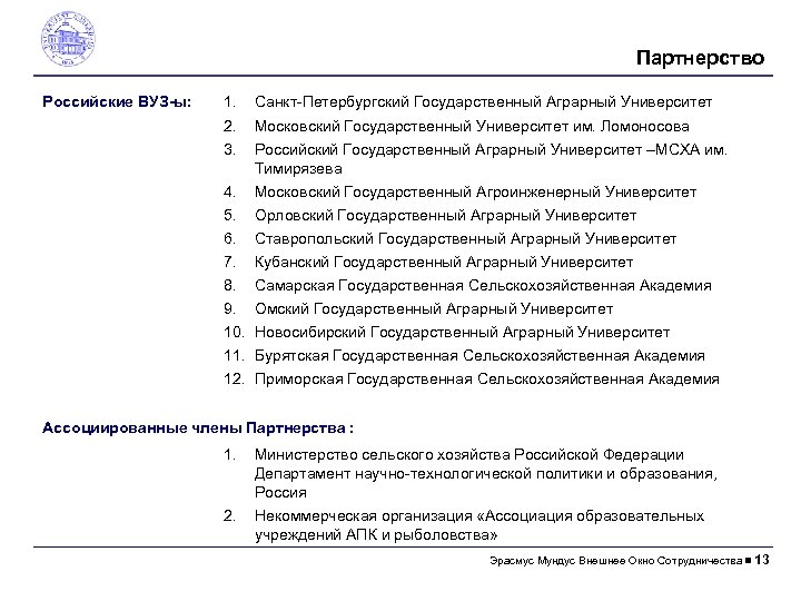 Партнерство Российские ВУЗ-ы: 1. Санкт-Петербургский Государственный Аграрный Университет 2. Московский Государственный Университет им. Ломоносова