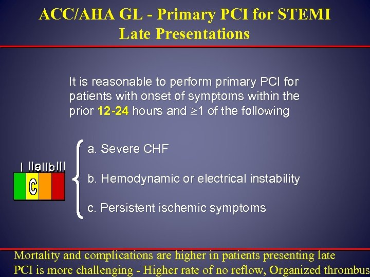 ACC/AHA GL - Primary PCI for STEMI Late Presentations It is reasonable to perform