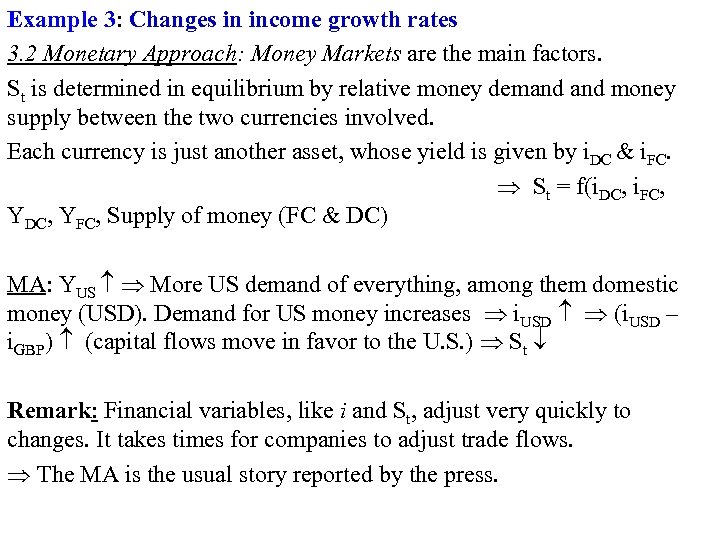 Example 3: Changes in income growth rates 3. 2 Monetary Approach: Money Markets are