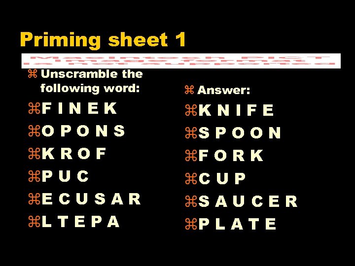 Priming sheet 1 z Unscramble the following word: z. F I N E K