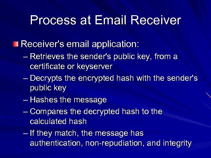 Process at Email Receiver's email application: – Retrieves the sender's public key, from a