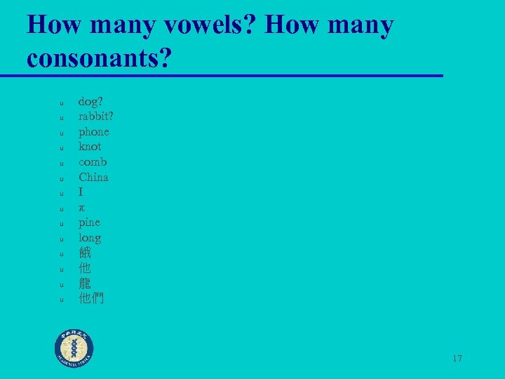 How many vowels? How many consonants? u u u u dog? rabbit? phone knot