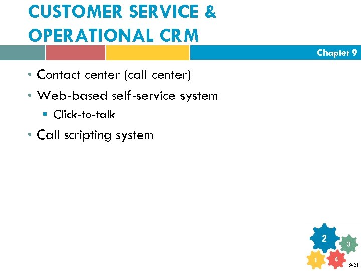 CUSTOMER SERVICE & OPERATIONAL CRM Chapter 9 • Contact center (call center) • Web-based