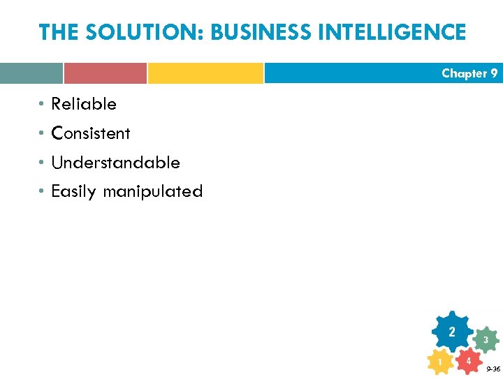 THE SOLUTION: BUSINESS INTELLIGENCE Chapter 9 • Reliable • Consistent • Understandable • Easily