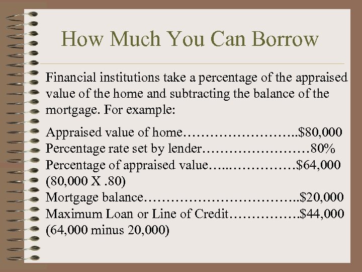 How Much You Can Borrow Financial institutions take a percentage of the appraised value