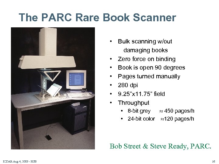 The PARC Rare Book Scanner • Bulk scanning w/out damaging books • Zero force