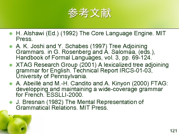 参考文献 l l l H. Alshawi (Ed. ) (1992) The Core Language Engine. MIT