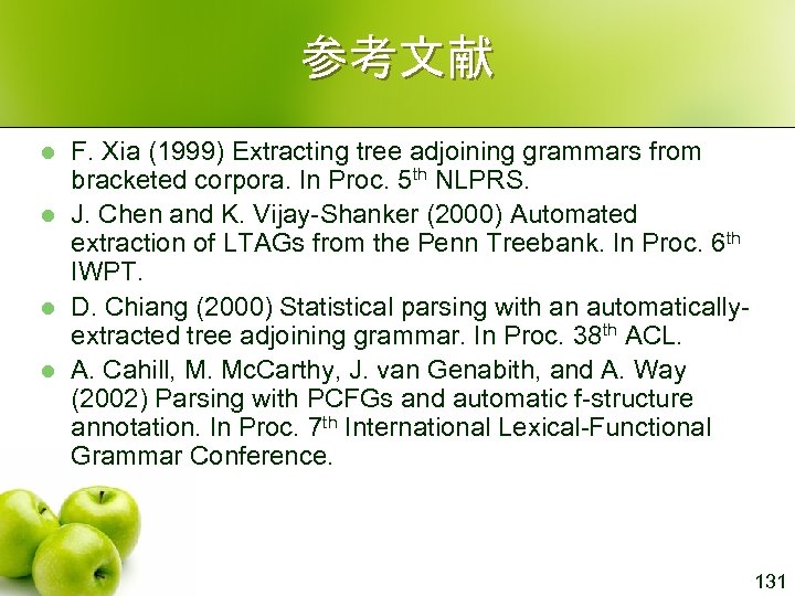 参考文献 l l F. Xia (1999) Extracting tree adjoining grammars from bracketed corpora. In
