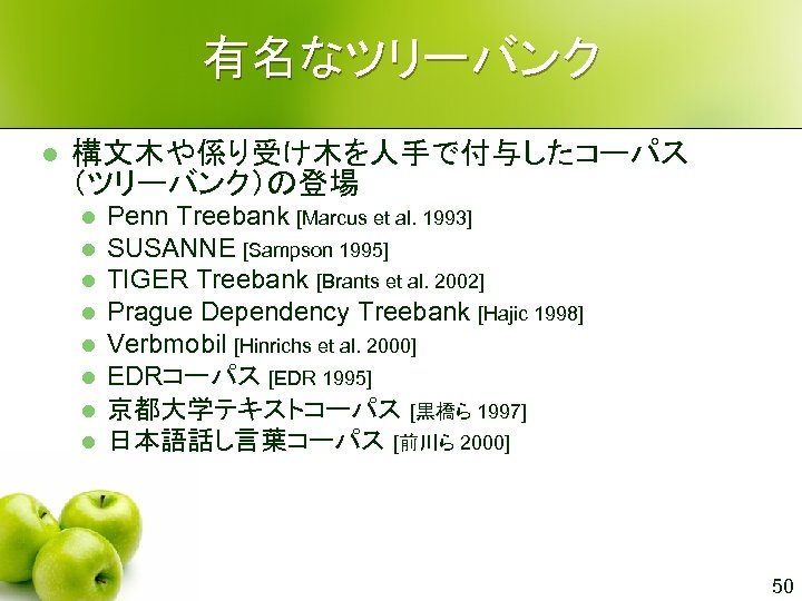 有名なツリーバンク l 構文木や係り受け木を人手で付与したコーパス （ツリーバンク）の登場 l l l l Penn Treebank [Marcus et al. 1993]