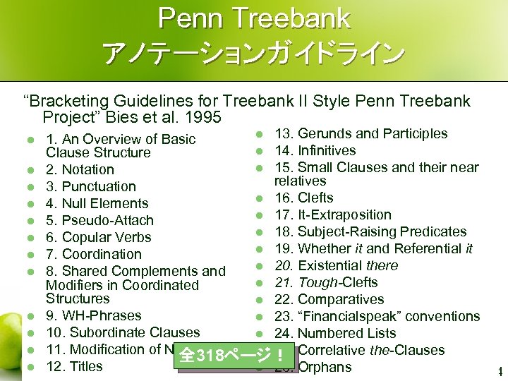 Penn Treebank アノテーションガイドライン “Bracketing Guidelines for Treebank II Style Penn Treebank Project” Bies et