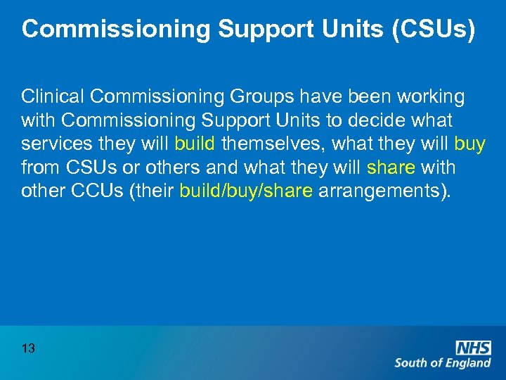 Commissioning Support Units (CSUs) Clinical Commissioning Groups have been working with Commissioning Support Units
