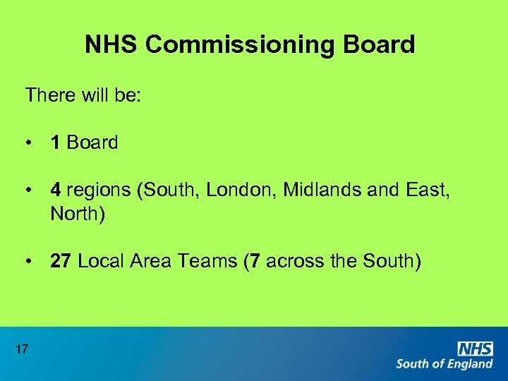 NHS Commissioning Board There will be: • 1 Board • 4 regions (South, London,