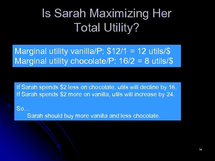 Is Sarah Maximizing Her Total Utility? Marginal utility vanilla/P: $12/1 = 12 utils/$ Marginal