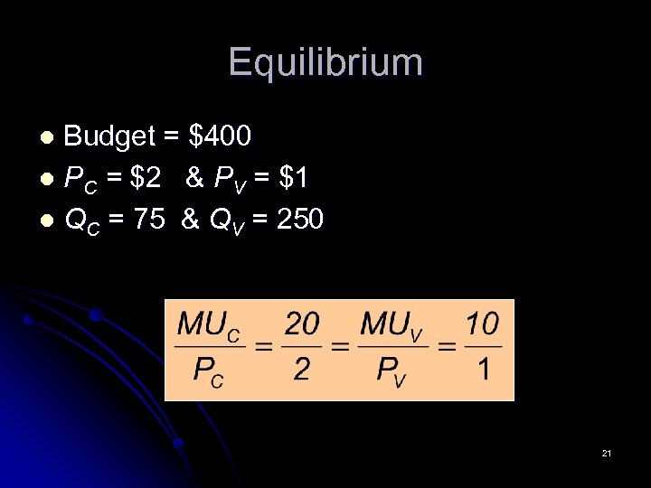 Equilibrium Budget = $400 l PC = $2 & PV = $1 l QC