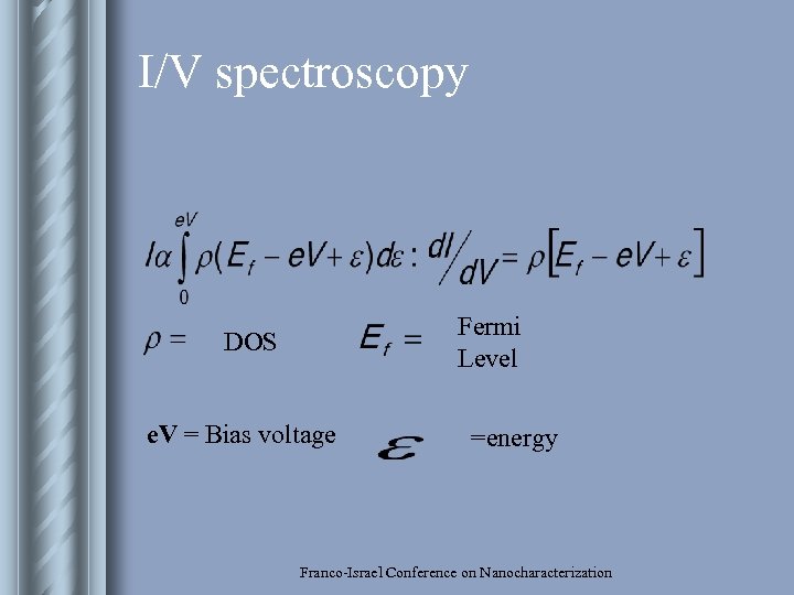 I/V spectroscopy Fermi Level DOS e. V = Bias voltage =energy Franco-Israel Conference on
