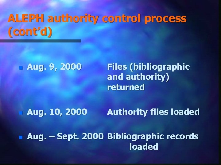 ALEPH authority control process (cont’d) n Aug. 9, 2000 Files (bibliographic and authority) returned