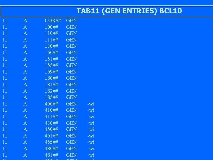 TAB 11 (GEN ENTRIES) BCL 10 11 11 11 11 11 11 A A