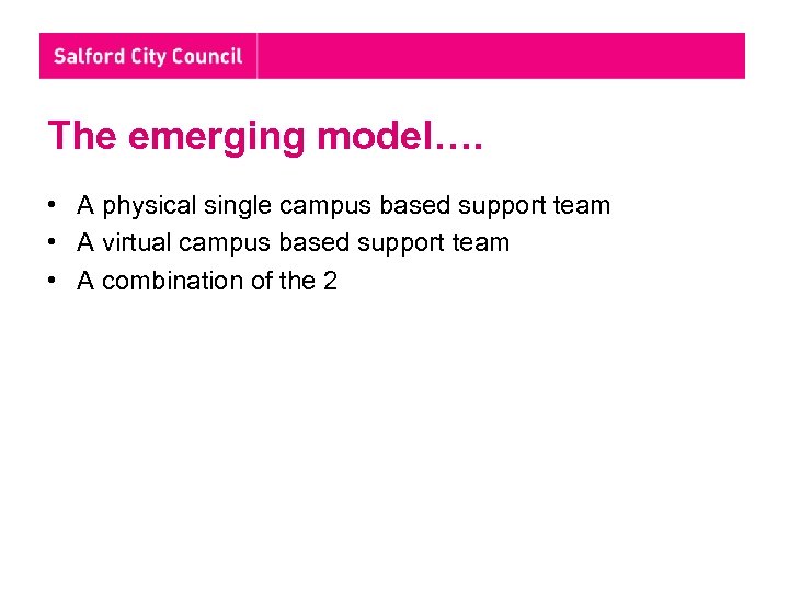 The emerging model…. • A physical single campus based support team • A virtual