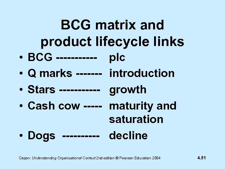 BCG matrix and product lifecycle links • • BCG -----Q marks ------Stars -----Cash cow