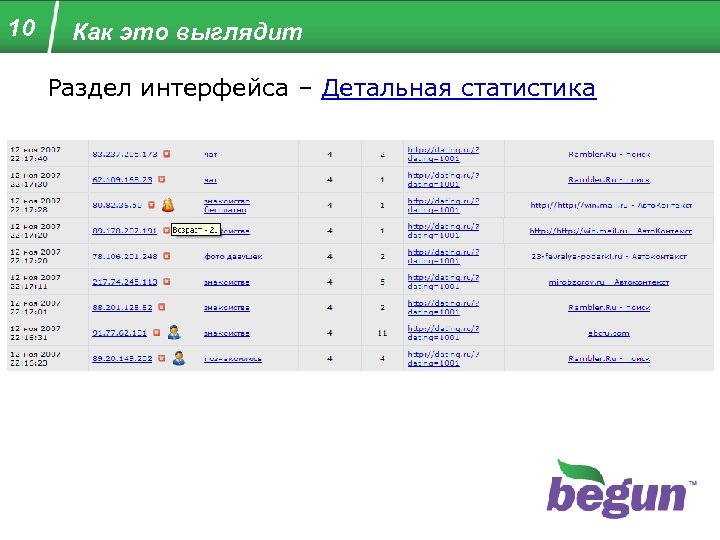 10 Как это выглядит Раздел интерфейса – Детальная статистика 