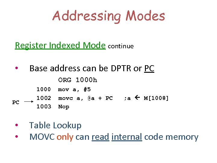 Addressing Modes Register Indexed Mode continue • Base address can be DPTR or PC