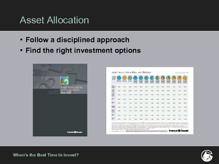 Asset Allocation • Follow a disciplined approach • Find the right investment options When’s