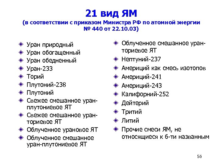 21 вид ЯМ (в соответствии с приказом Министра РФ по атомной энергии № 440