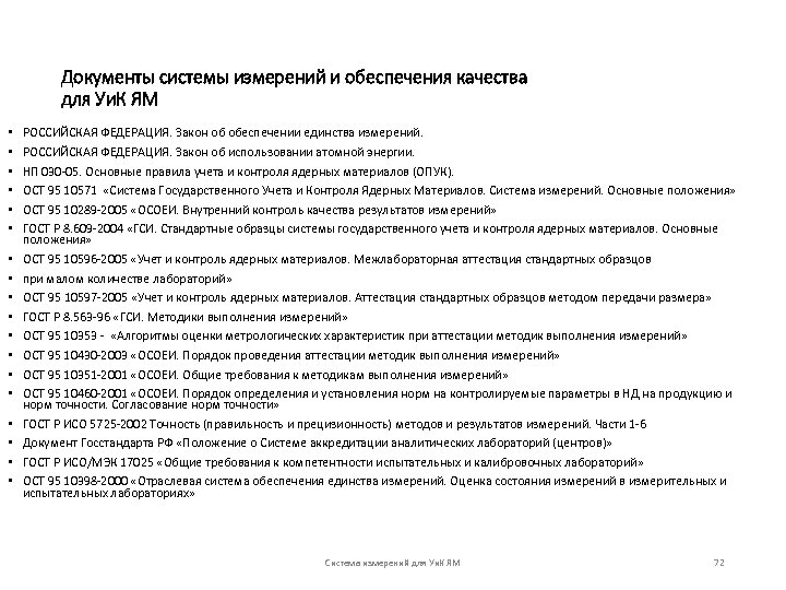 Документы системы измерений и обеспечения качества для Уи. К ЯМ • • • •
