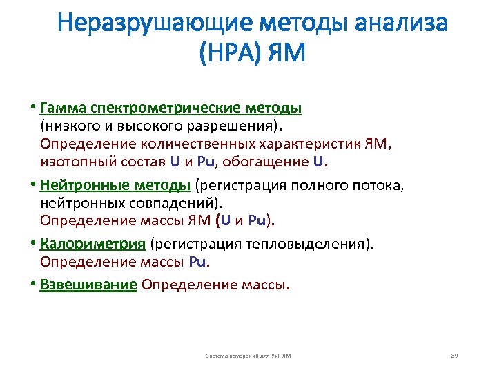 Неразрушающие методы анализа (НРА) ЯМ • Гамма спектрометрические методы (низкого и высокого разрешения). Определение