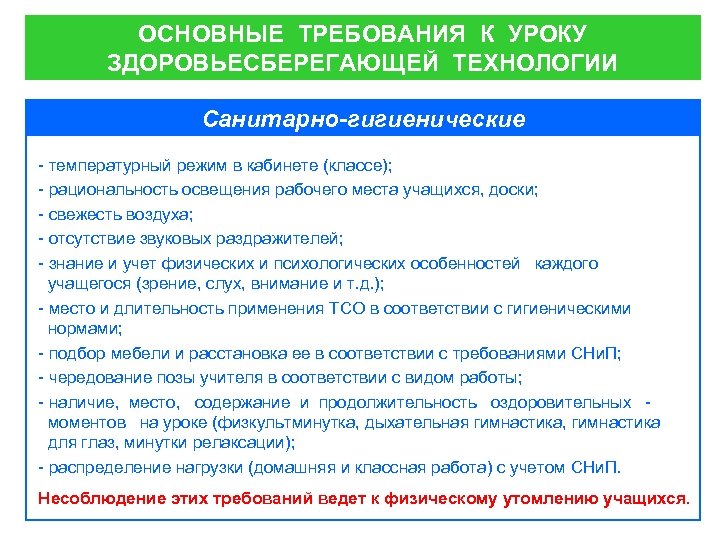 ОСНОВНЫЕ ТРЕБОВАНИЯ К УРОКУ ЗДОРОВЬЕСБЕРЕГАЮЩЕЙ ТЕХНОЛОГИИ Санитарно-гигиенические - температурный режим в кабинете (классе); -