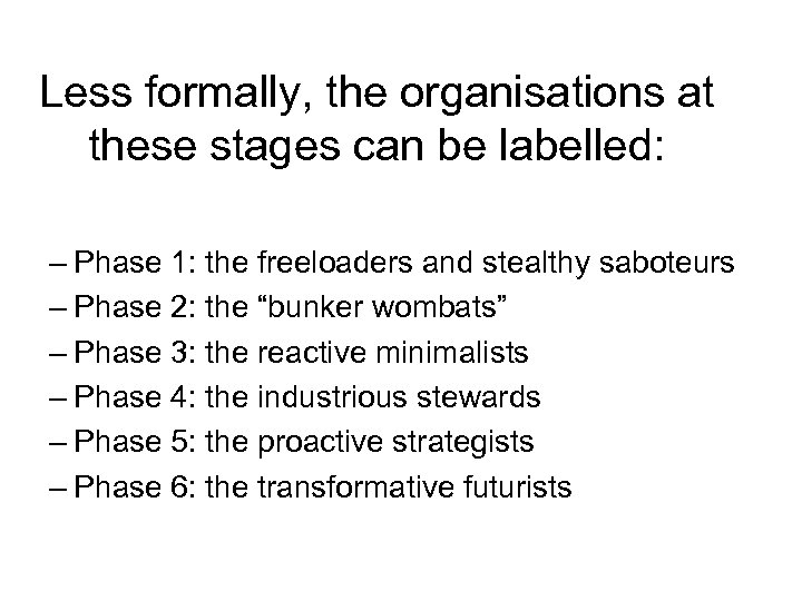 Less formally, the organisations at these stages can be labelled: – Phase 1: the
