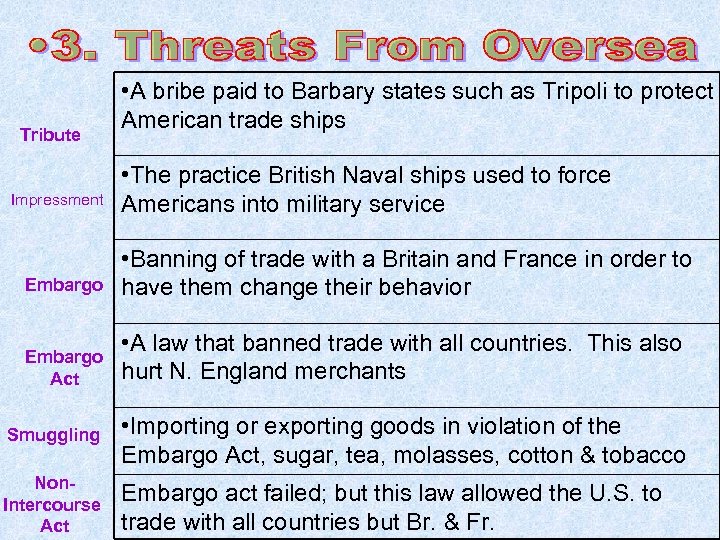 Tribute Impressment • A bribe paid to Barbary states such as Tripoli to protect