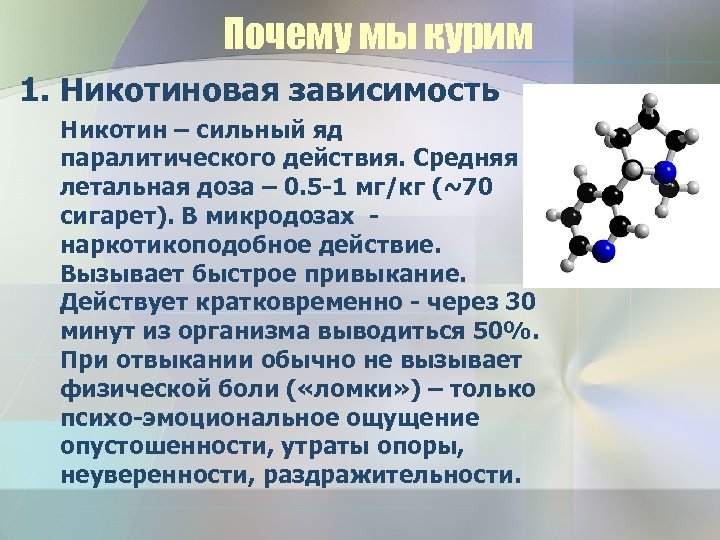 Почему мы курим 1. Никотиновая зависимость Никотин – сильный яд паралитического действия. Средняя летальная