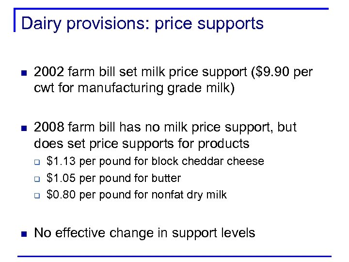 Dairy provisions: price supports n 2002 farm bill set milk price support ($9. 90