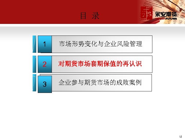 目 录 1 市场形势变化与企业风险管理 2 对期货市场套期保值的再认识 3 企业参与期货市场的成败案例 12 