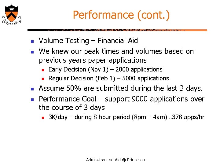 Performance (cont. ) n n Volume Testing – Financial Aid We knew our peak