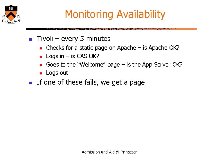 Monitoring Availability n Tivoli – every 5 minutes n n n Checks for a