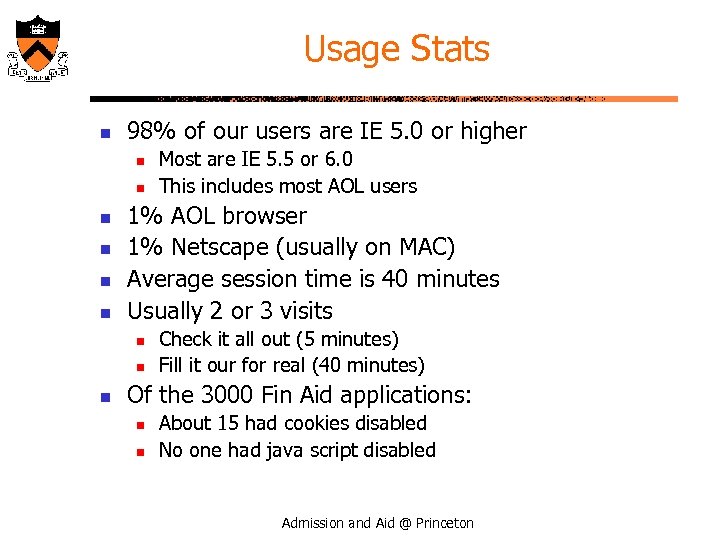 Usage Stats n 98% of our users are IE 5. 0 or higher n