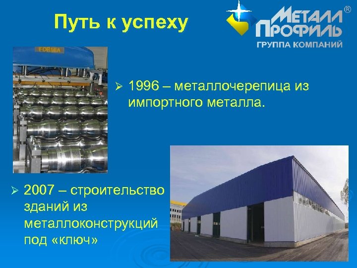 Путь к успеху Ø Ø 1996 – металлочерепица из импортного металла. 2007 – строительство