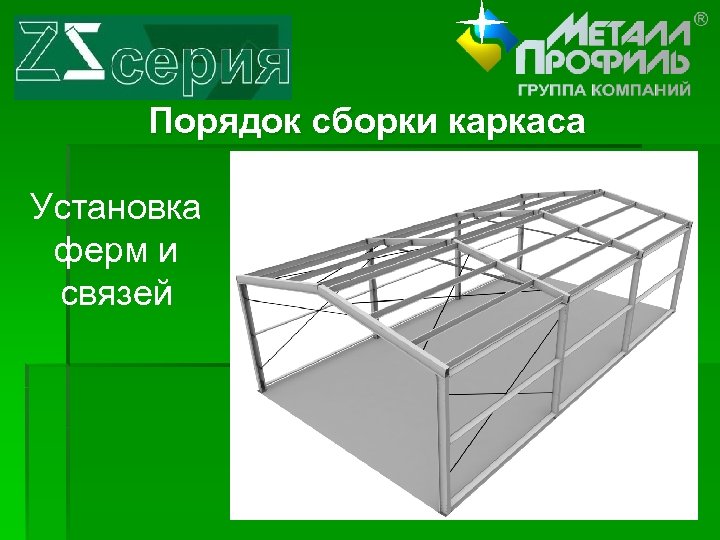 Порядок сборки каркаса Установка ферм и связей 
